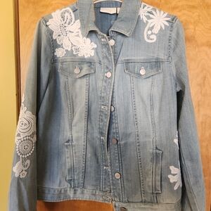 Chico's Light Blue Denim Jacket with White Lace Floral Appliqué, Femine, Classy
